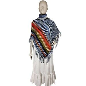 Vintage Hand Woven Poncho Shawl Wrap Turtleneck Fringe Bohemian Knit Sweater